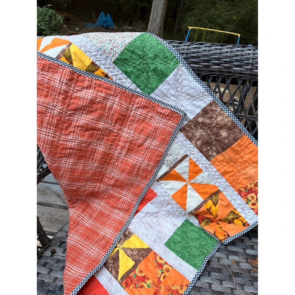 Handmade Patchwork Cotton Quilt Fall Colors Pinwheel Throw 35x39 Autumn Accent